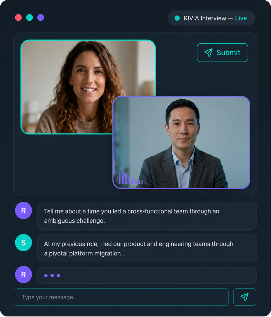 RIVIA AI video interview software conducting a live candidate interview with real-time transcript