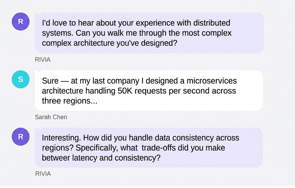 RIVIA AI interviewer asking adaptive follow-up questions during a technical video interview