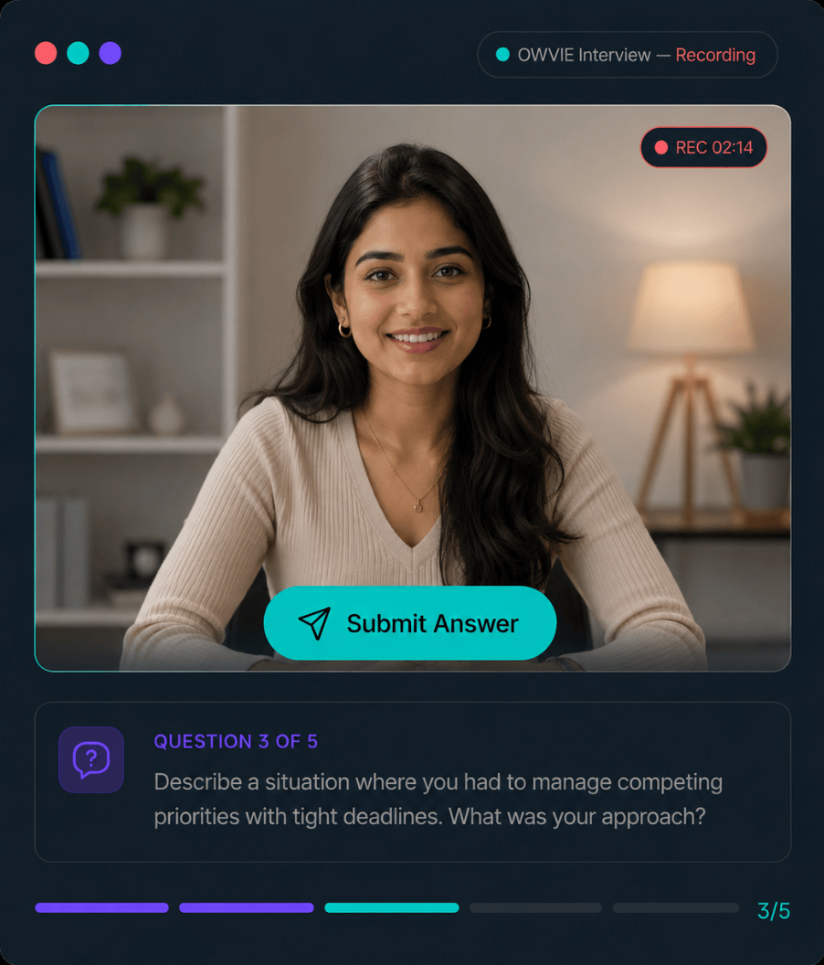 Talent Titan’s agentic AI powered one-way video interview software interface, showing a candidate completing a pre-recorded interview while AI-driven interview analysis captures responses and evaluates performance.