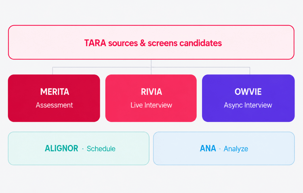 Talent Titan's automated graduate recruitment workflow showing how TARA sources and screens candidates through MERITA assessments, RIVIA live interviews, OWVIE async interviews, ALIGNOR scheduling, and ANA evaluation.
