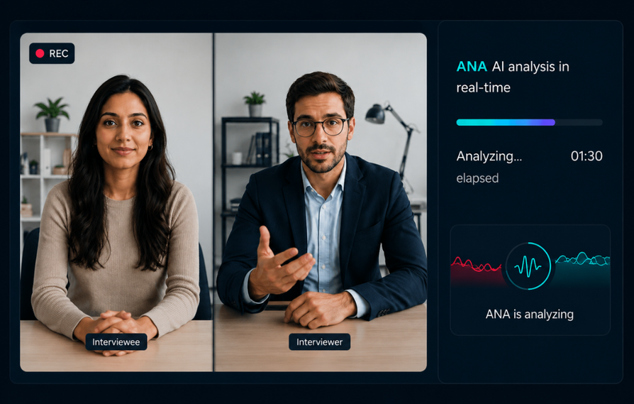 Talent Titan's agentic AI powered AI Interview Analysis Software featuring a live interviewer and candidate conversation with ANA AI Agent analyzing the interview in real time.