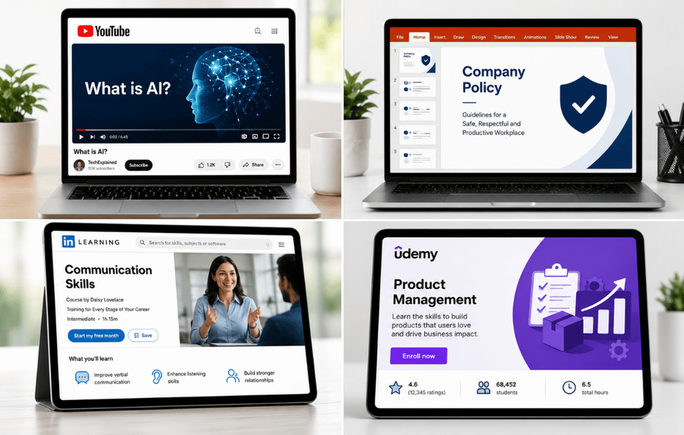 Talent Titan's L&D AI agent, LUMA, delivering multi-format learning content including video training, policy presentations, professional skills development, and product management courses.