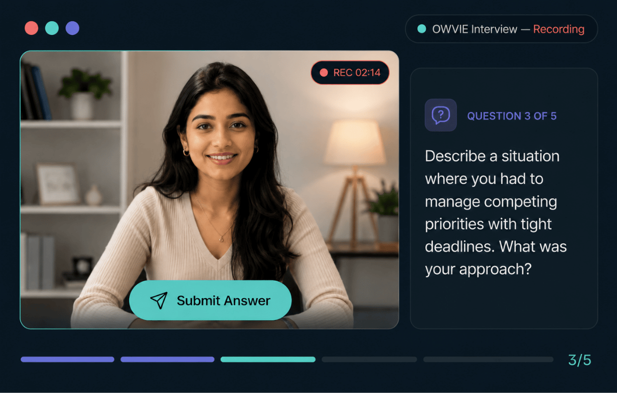 Talent Titan’s agentic AI powered one-way video interview software interface, showing a candidate completing a pre-recorded interview while AI-driven interview analysis captures responses and evaluates performance.