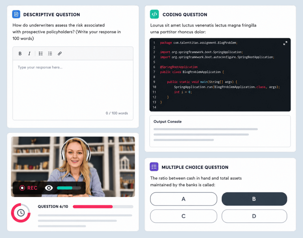 Talent Titan's agentic AI powered MERITA assessment platform displaying candidate evaluation workflows across MCQ, coding, and video assessments, with registered, assessed, and interviewed candidate metrics alongside AI agent status.