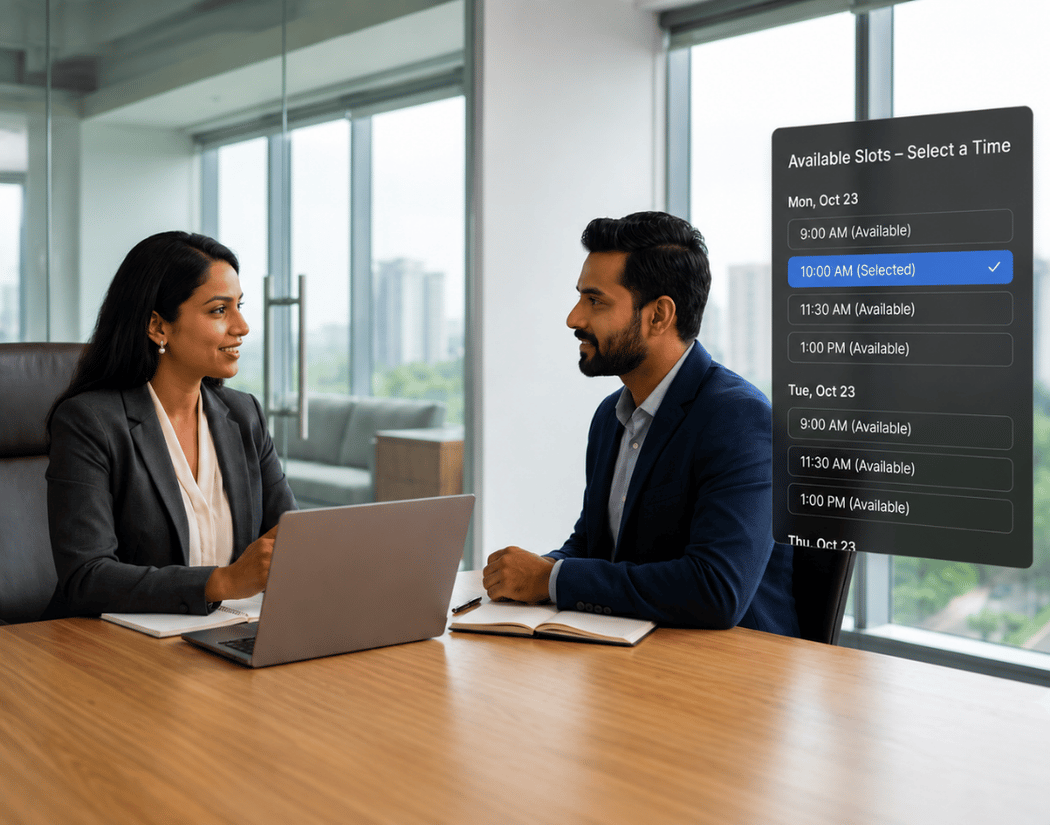 Talent Titan's recruiter and candidate meeting in a conference room while the ALIGNOR AI Agent displays available interview slots and scheduling options through a self-service interview booking interface.