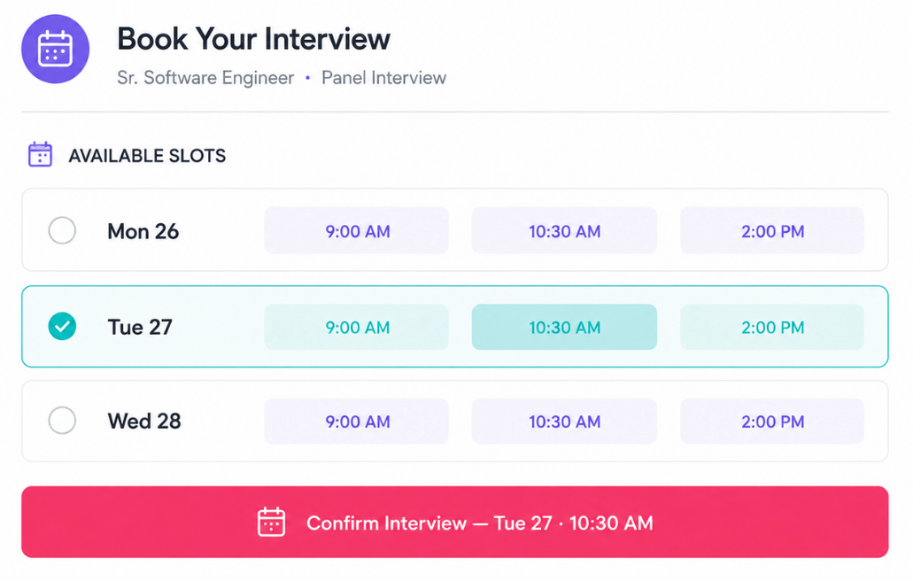 Available interview slots displayed by Talent Titan's ALIGNOR AI Agent, enabling self-service interview booking for a panel interview.